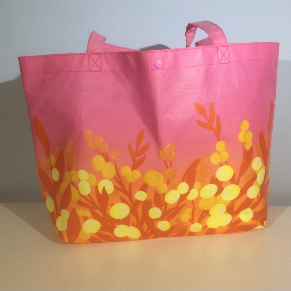 Bath and Body Works Pink Reusable Bag Yellow Flowers Floral Double Handle Tote - Picture 8 of 8